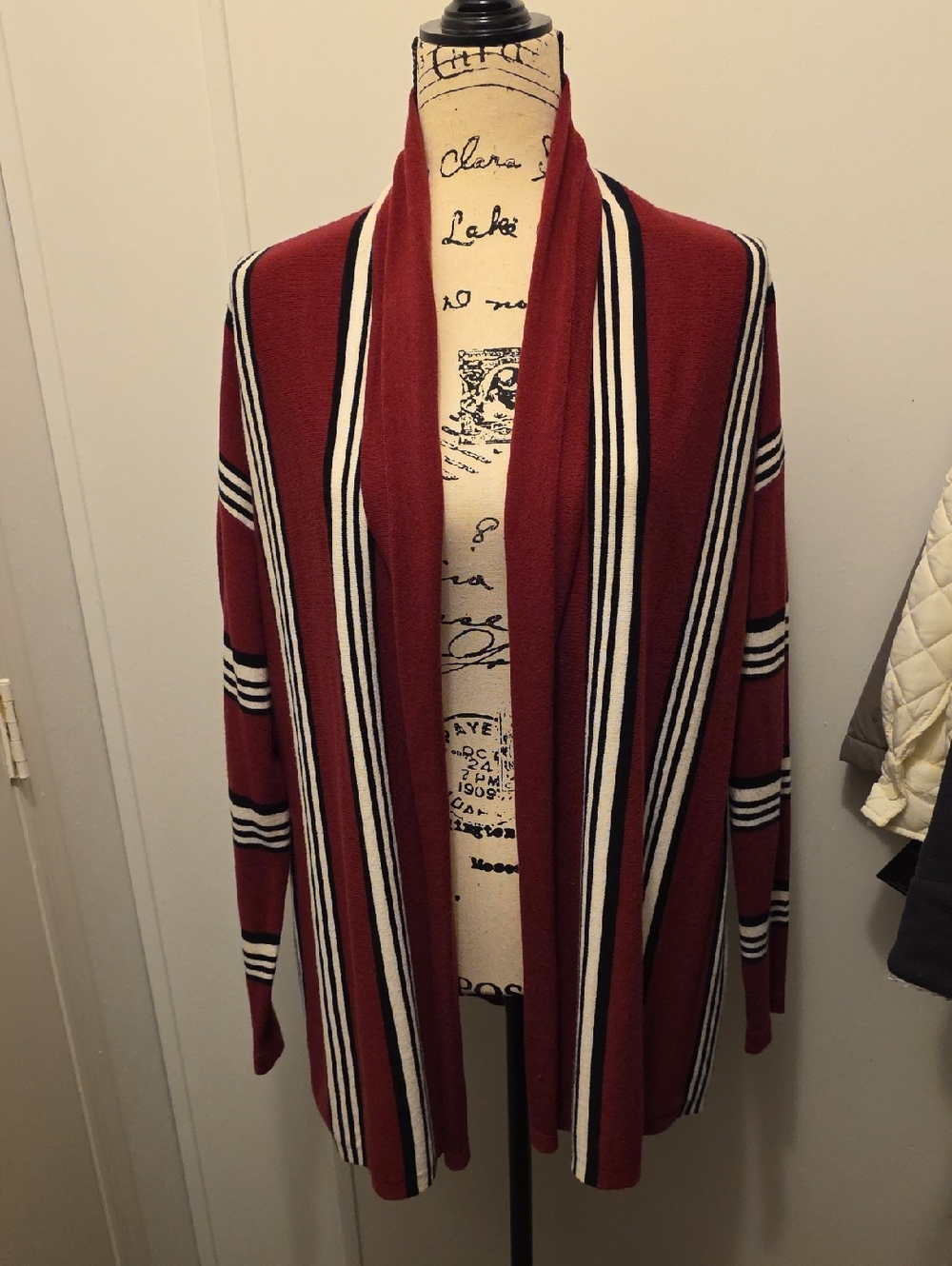 Style Rack Burgundy and Black Striped Open Cardigan